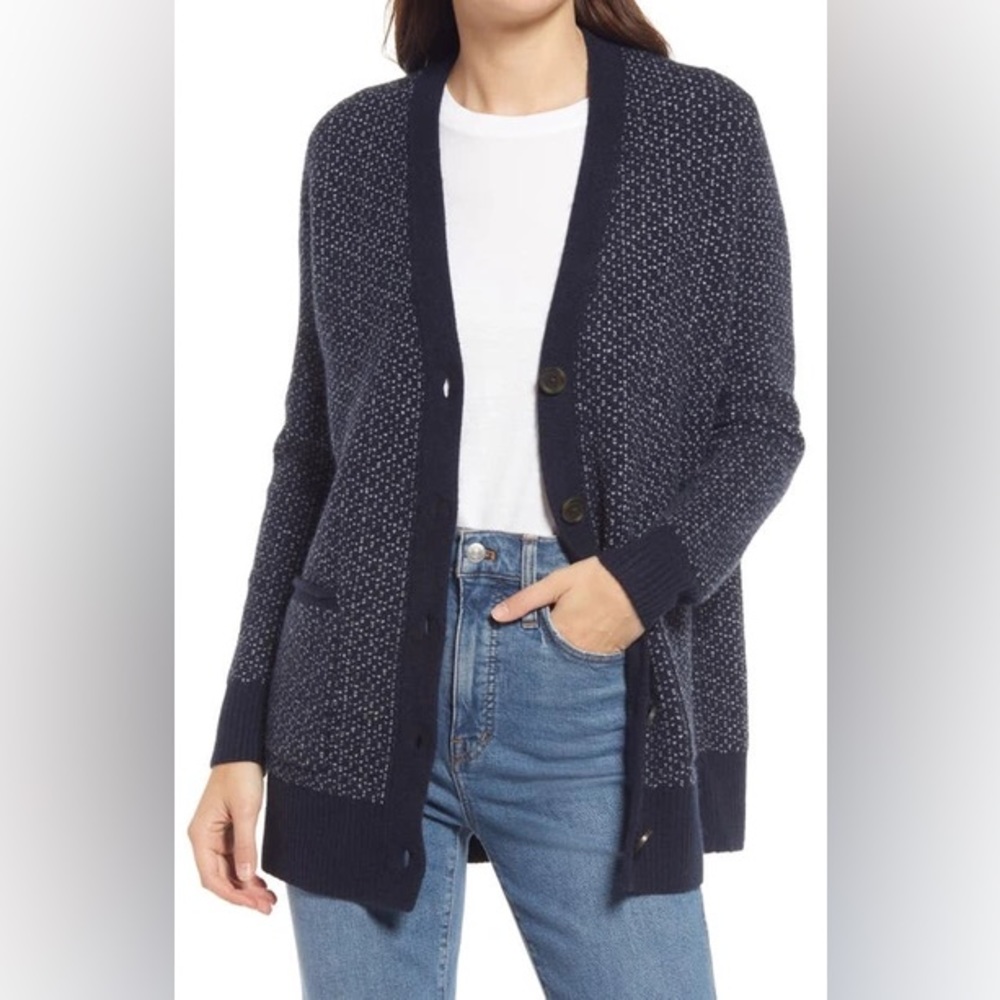 NWT Madewell Bird's Eye Maysfield Cardigan Sweater in Coziest Yarn (Navy/White)